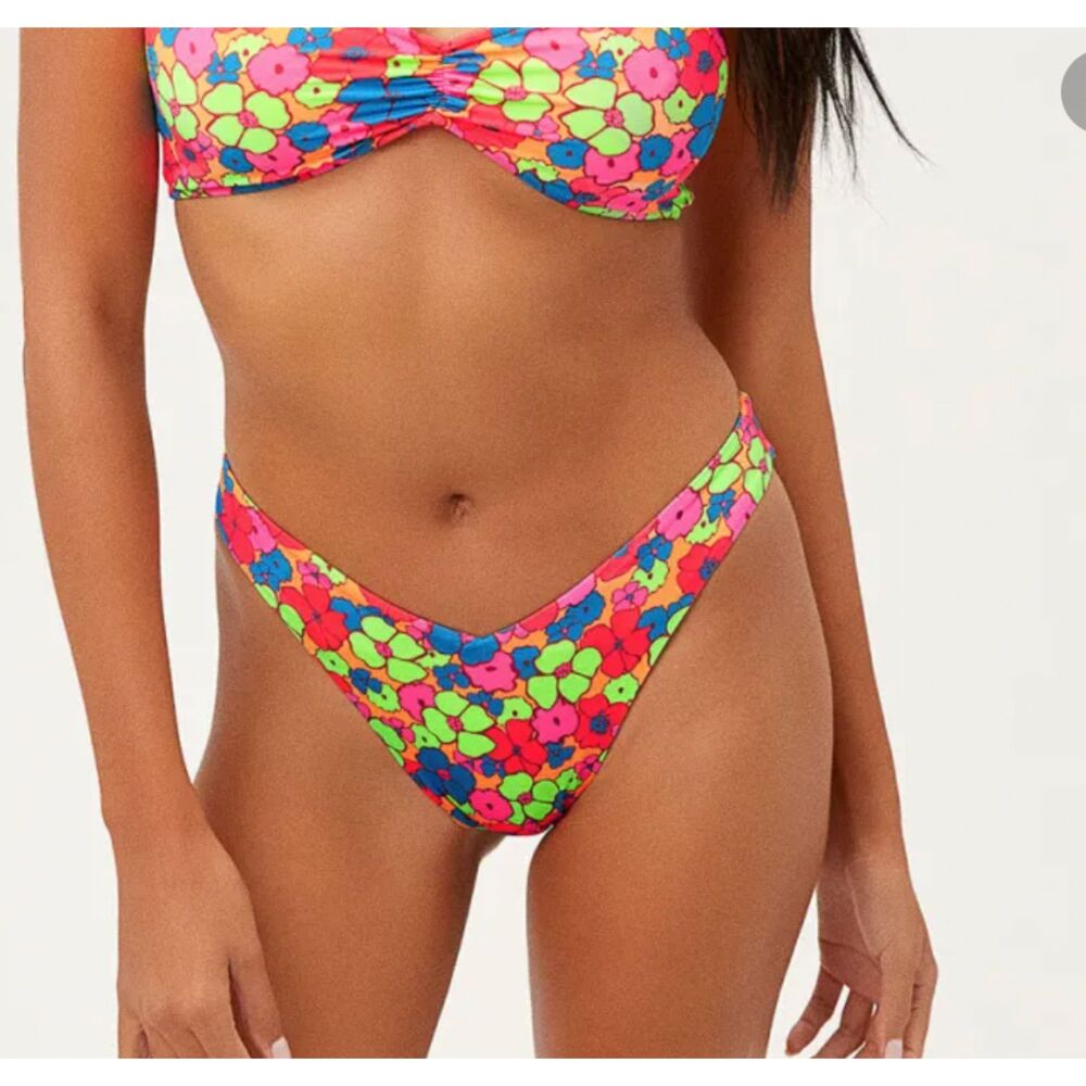 Frankies Bikinis Haven High Cut Cheeky Bikini Bottom in Groovy Sz L Orig. $85